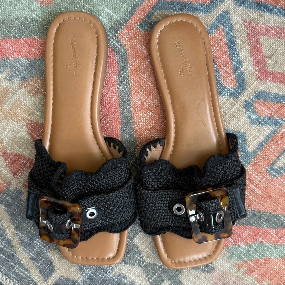 Universal Thread Black Scalloped Slide Mules with Tortoiseshell Buckle
